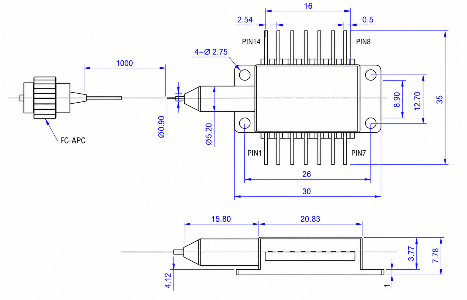 1310nm Laser Diode DFB Butterfly Package with SM Fiber (10mW Output, TEC Integrated) — Product Size