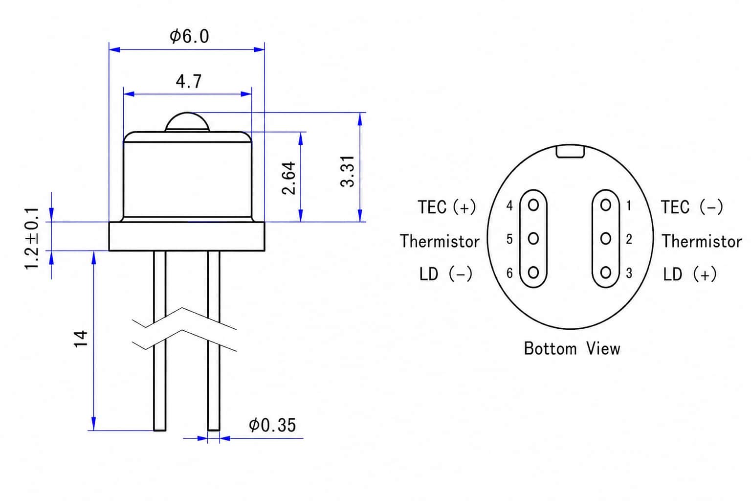 Cooled 1653.7nm DFB Laser Diode for Methane Gas Sensing TO Package (TEC Integrated) — Product Size
