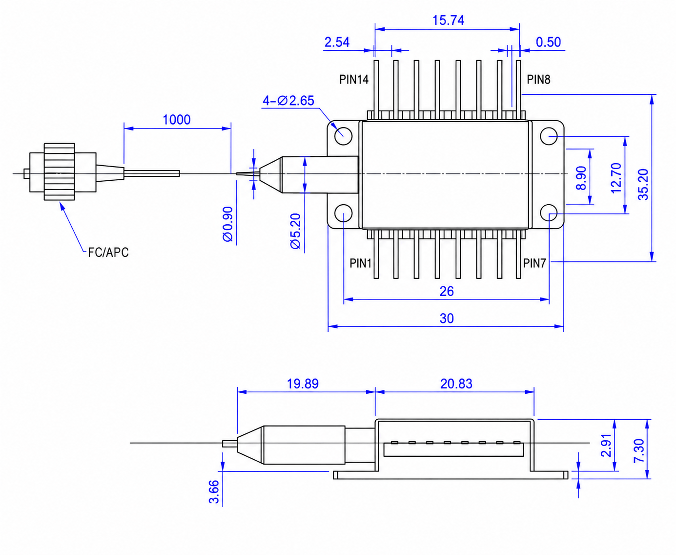 Tunable Laser Diode DFB Butterfly Package with SM Fiber Pigtail (O/C/L Band) — Product Size