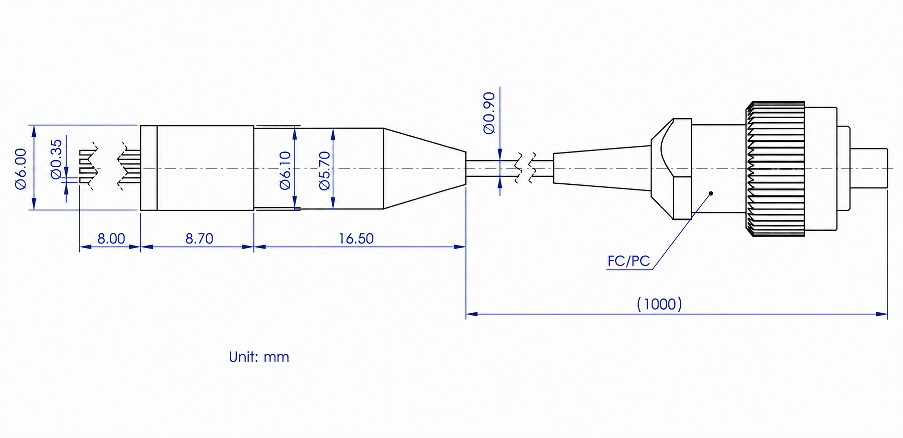 Cooled TO-CAN Laser Diode with Fiber Pigtail for Gas Detection (1273–1653nm) — Product Size