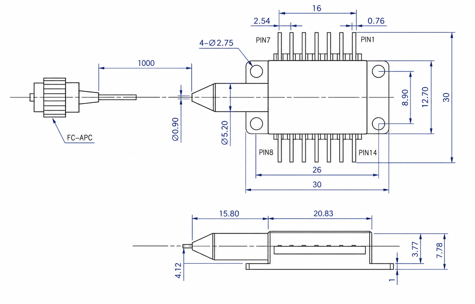 1273–1653nm DFB Pigtailed Butterfly Laser Diode for Gas Detection (SM Fiber) — Product Size