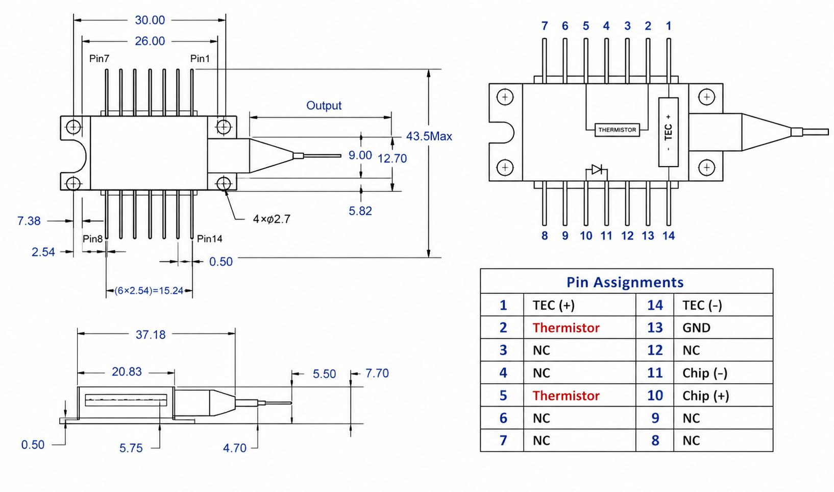 1550nm High Power Narrow Linewidth DFB Laser Diode Butterfly Package — Dimensions & Pin Assignment