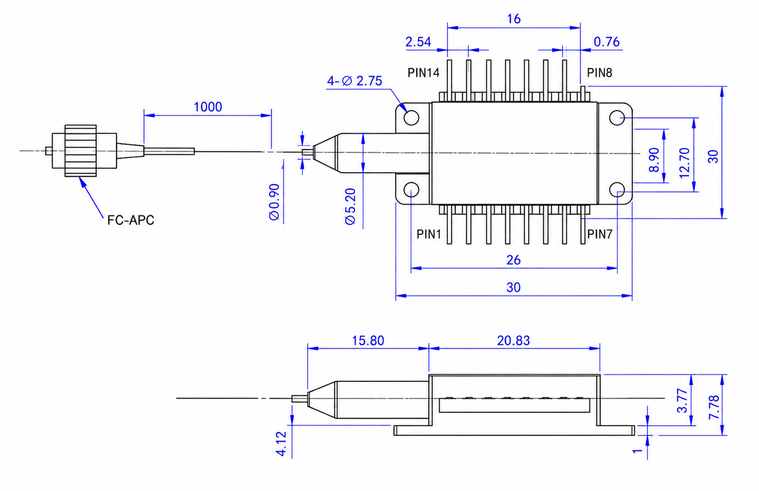 1550nm Laser Diode DFB  Butterfly Packaged with PM Fiber — Product Size