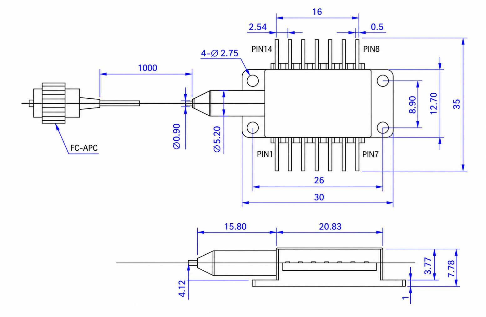 1550nm Laser Diode High Power DFB Butterfly Package (50mW Output, SM/PM Fiber) — Product Size