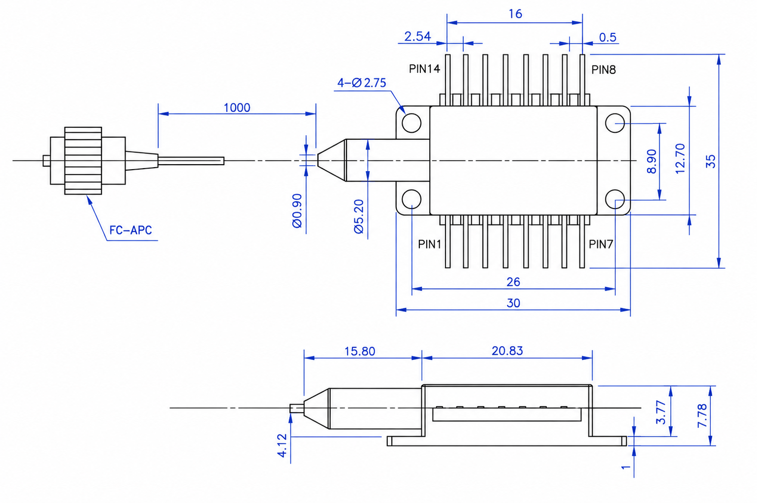 1550nm 10mW DFB Butterfly Laser Diode — Product Size