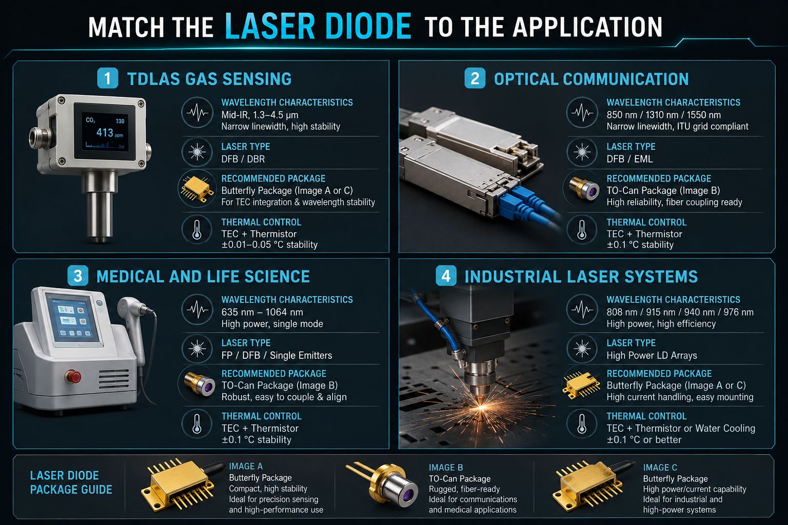 Laser diode application and package matrix