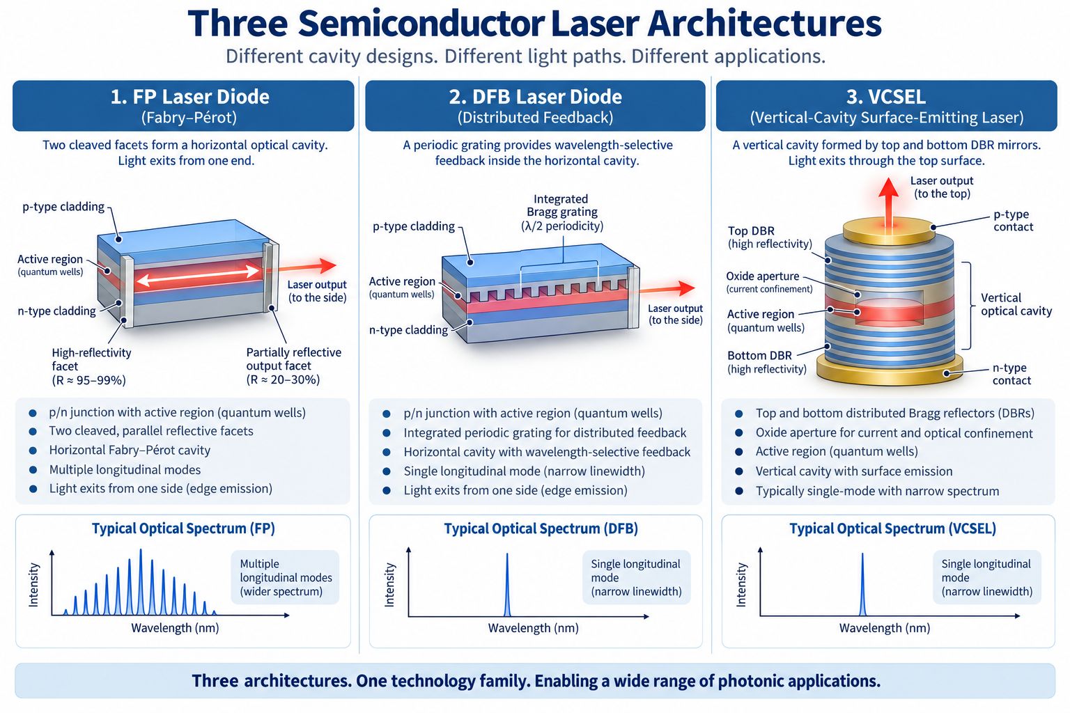 Three semiconductor laser architectures: FP, DFB and VCSEL