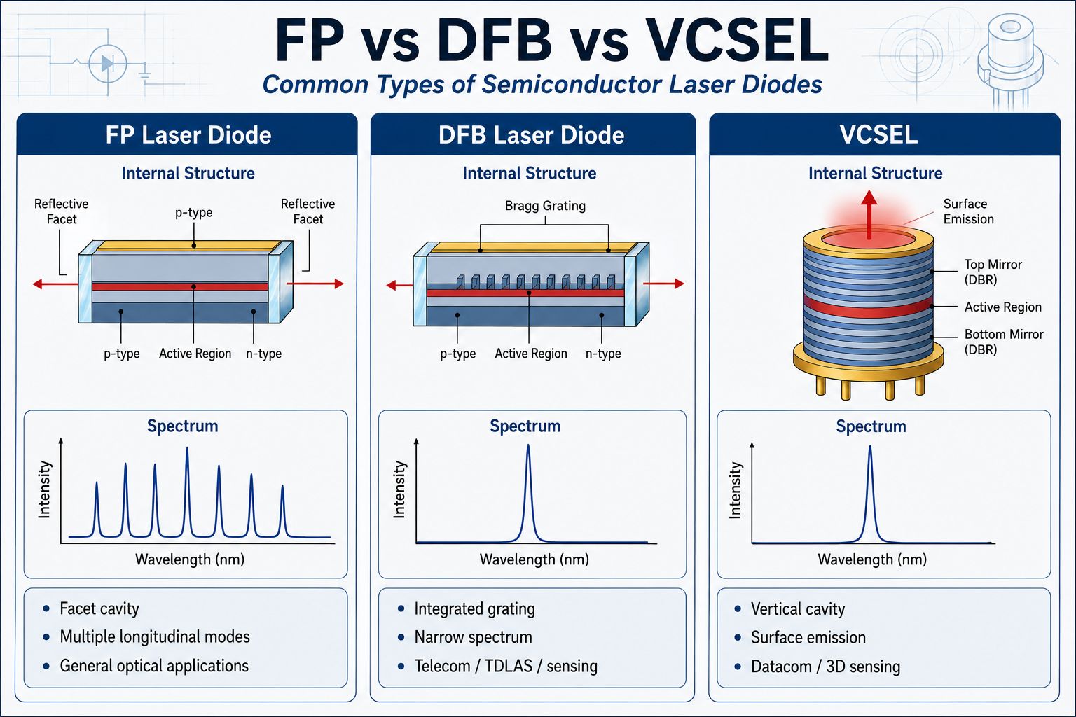 FP vs DFB vs VCSEL laser diode structures