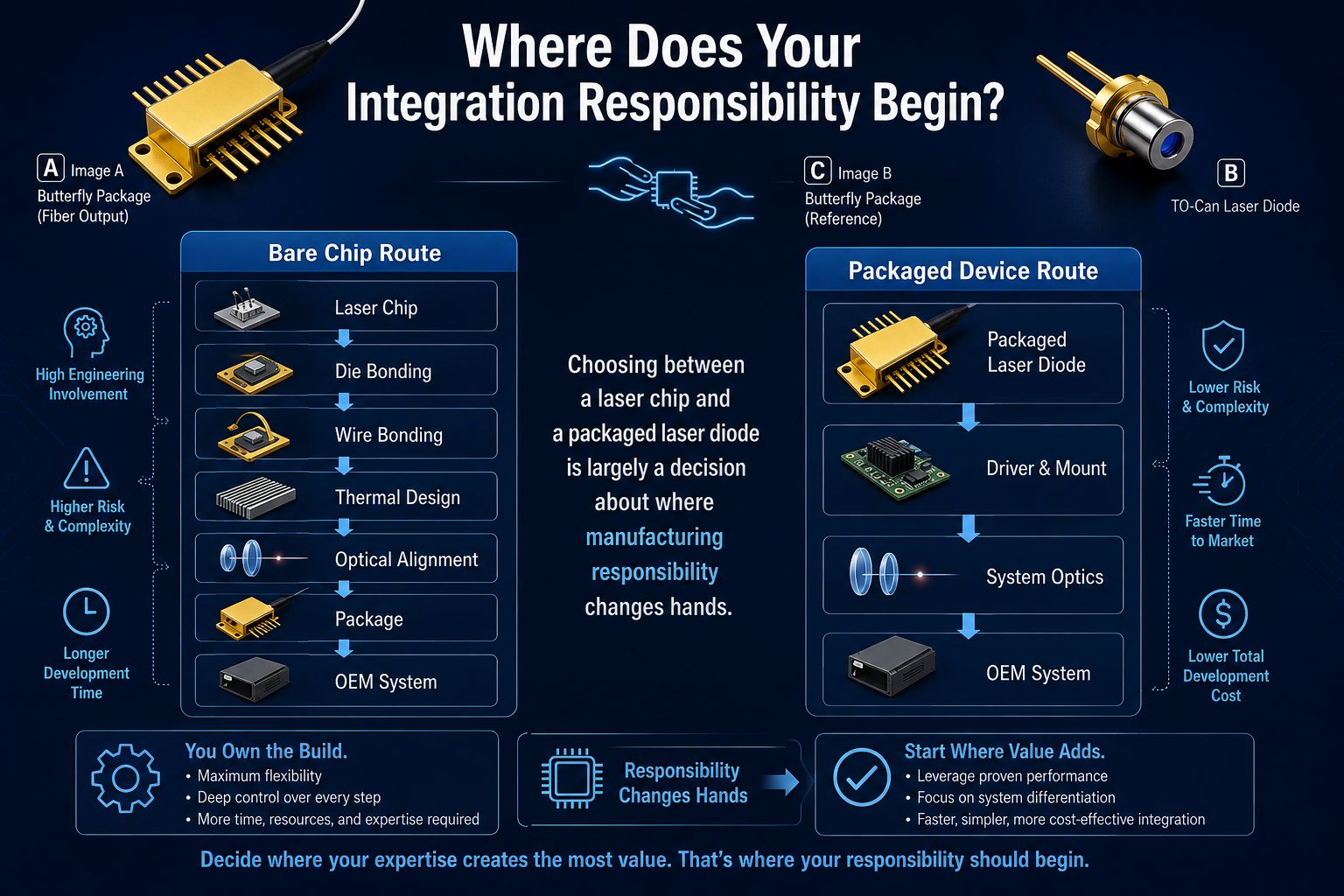 Laser chip vs packaged laser diode integration responsibility