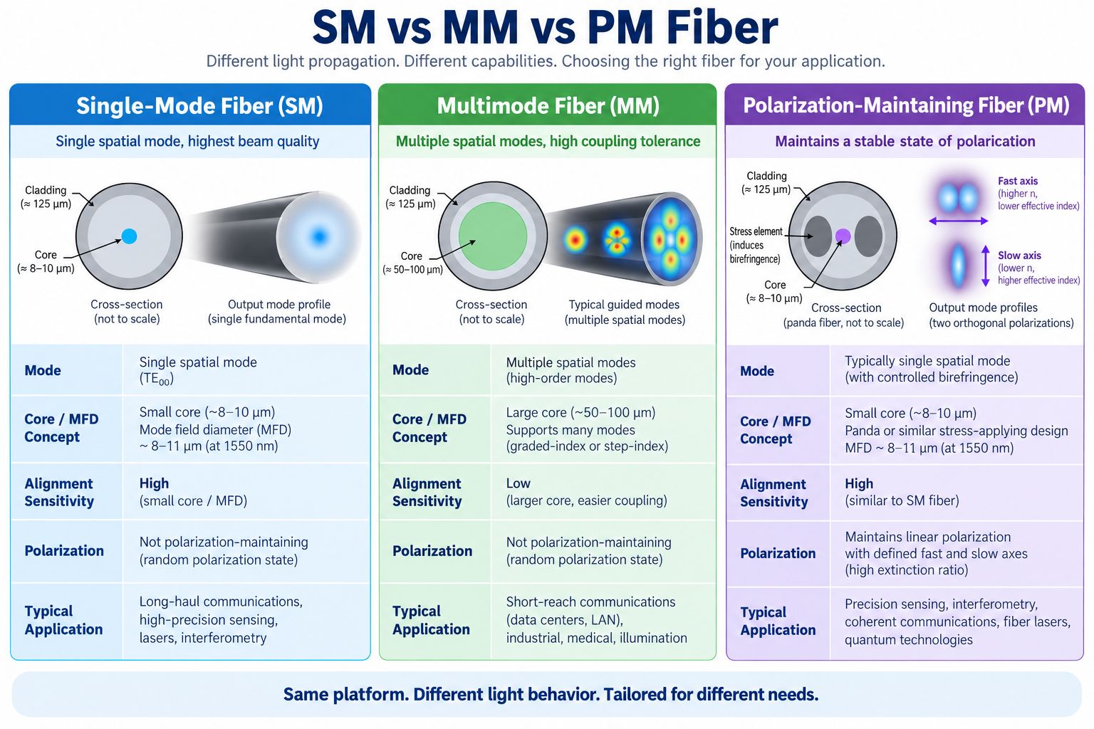 Single-mode vs multimode vs polarization-maintaining fiber