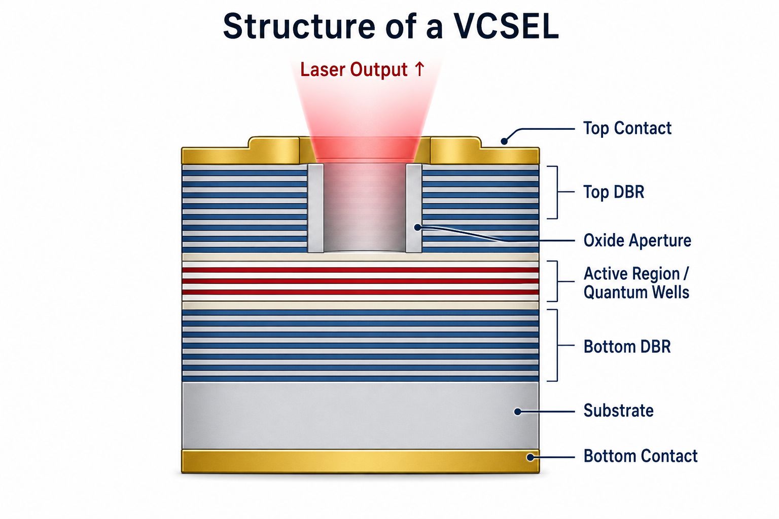 Structure of a VCSEL with DBR mirrors, oxide aperture and active region